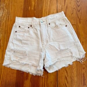 American Eagle White Distressed High Waisted Denim Shorts Size 4 Raw Hem